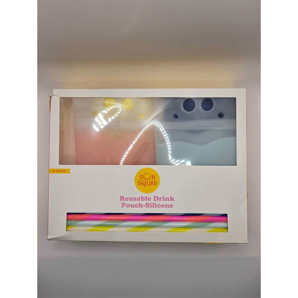 SUN SQUAD Reusable Drink Pouch Silicone 4 Pack‎ Clear Dishwasher Safe